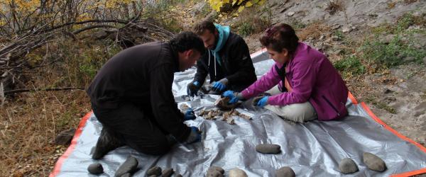 Flintknapping process (from the left: Levan Losaberidze, Vladimer Kenkadze, Mariam Kokhreidze; Photo by Aleko Zavradashvili)